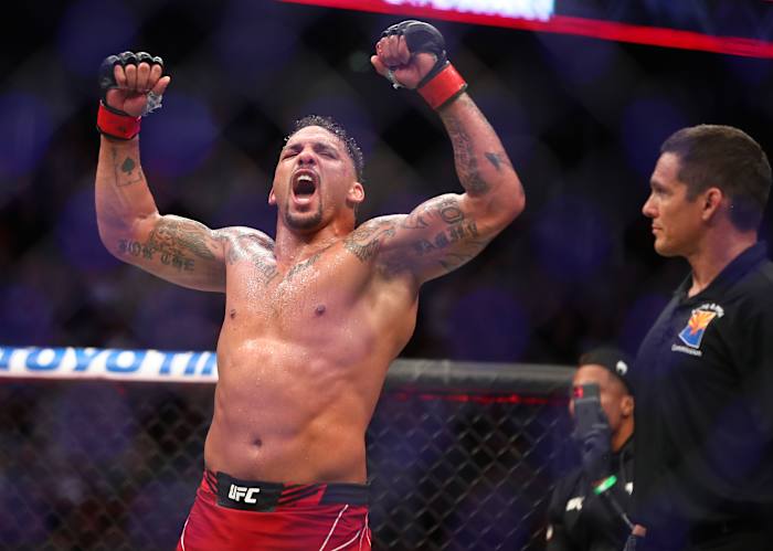 Jun 12, 2021; Glendale, Arizona, USA; Eryk Anders is declared the winner by decision against Darren Stewart during UFC 263 at Gila River Arena. Mandatory Credit: Mark J. Rebilas-USA TODAY Sports